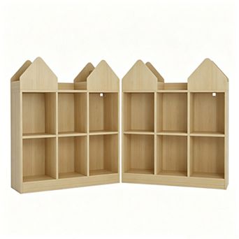 Set of 2 Kids Castle Cube Toy Storage Organizer, Wooden 6 Cubby Bookshelf with Anti Tip Device