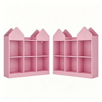 Set of 2 Kids Castle Cube Toy Storage Organizer, Wooden 6 Cubby Bookshelf with Anti Tip Device