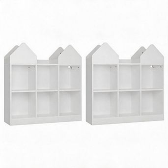 Set of 2 Kids Castle Cube Toy Storage Organizer, Wooden 6 Cubby Bookshelf with Anti Tip Device