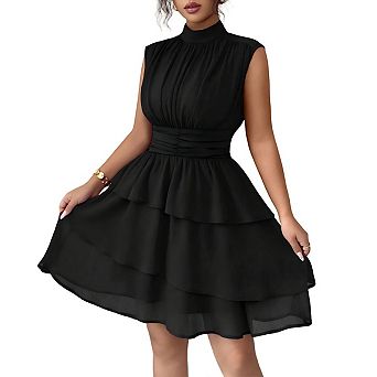 Women's Tiered Layered Ruffle High Neck Cinched Waist Sleeveless Chiffon Dresses Elegant Outfits