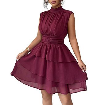 Women's Tiered Layered Ruffle High Neck Cinched Waist Sleeveless Chiffon Dresses Elegant Outfits