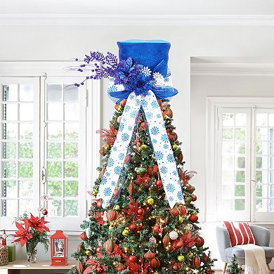 Christmas Tree Topper Hat with Bow, Glitter Top Hat Ornament Winter Holidays Xmas Decor