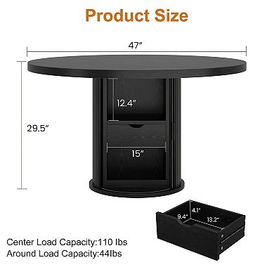 47" Round Dining Table with 2-Layer Storage Base & Drawer for Home Kitchen, Sliding Door