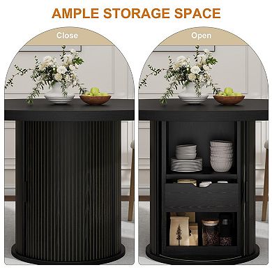 47" Round Dining Table with 2-Layer Storage Base & Drawer for Home Kitchen, Sliding Door