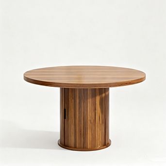 47" Round Dining Table with 2-Layer Storage Base & Drawer for Home Kitchen, Sliding Door