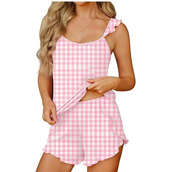 Women's 2 pc Outfit Ruffle Strap Cami Short Pajama Set V Neck Sleeveless Elastic Waist