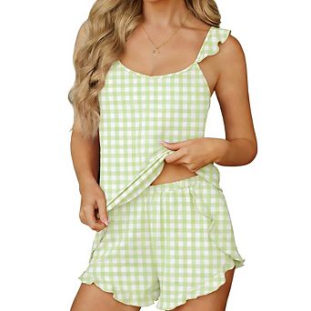 Women's 2 pc Outfit Ruffle Strap Cami Short Pajama Set V Neck Sleeveless Elastic Waist