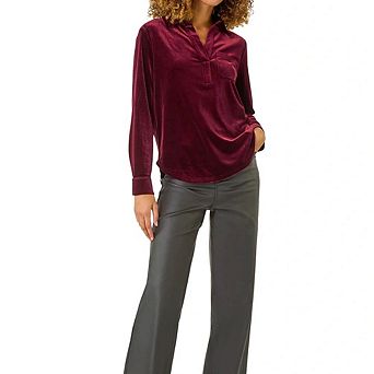Women's Velvet Collared Popover Shirt Long Sleeve Chest Pocket Relaxed Curved Hem Casual Blouse