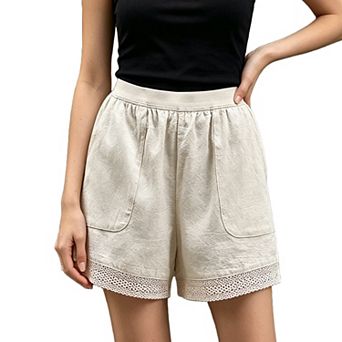 Women Elastic High Waist Shorts Lace Hem Loose Straight Leg Casual Pocket Summer Shorts