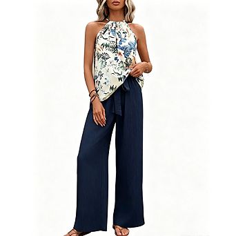 Women's Print Halter Tank Top Crinkle Wide Leg Pant 2 pc Drawstring Waist Casual Outfit Set