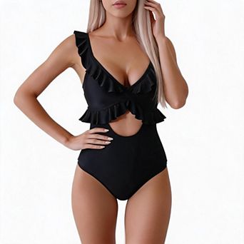One Piece Swimsuit for Women Ruffle V Neck Cutout Adjustable Strap Bathing Suit Swimwear