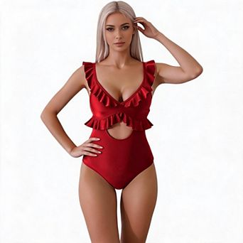 One Piece Swimsuit for Women Ruffle V Neck Cutout Adjustable Strap Bathing Suit Swimwear