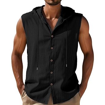 Men's Sleeveless Hooded Button Down Vest Crinkled Linen Look Casual Beach Shirt