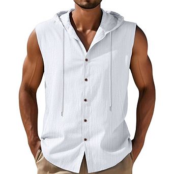 Men's Sleeveless Hooded Button Down Vest Crinkled Linen Look Casual Beach Shirt