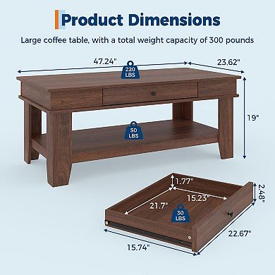 Farmhouse Coffee Table with Storage, Coffee Table with Drawer & Open Storage Shelf