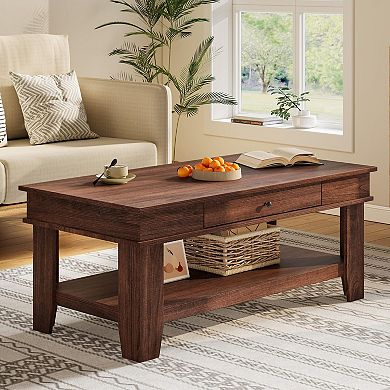 Farmhouse Coffee Table with Storage, Coffee Table with Drawer & Open Storage Shelf