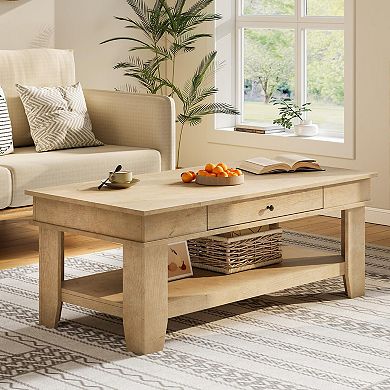 Farmhouse Coffee Table with Storage, Coffee Table with Drawer & Open Storage Shelf