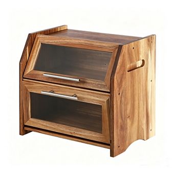 2 tier Wood Bread Box with Acrylic Doors, Bread Storage Bin for Kitchen Countertop Organizer
