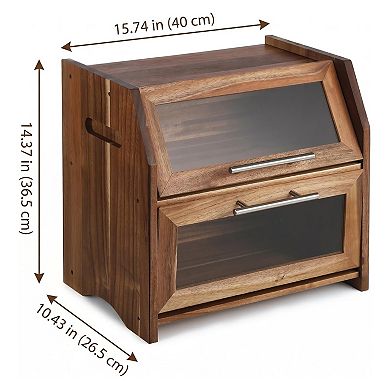 2-Tier Wood Bread Box with Acrylic Doors, Bread Storage Bin for Kitchen Countertop Organizer