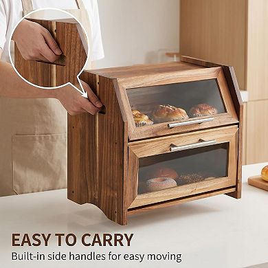 2-Tier Wood Bread Box with Acrylic Doors, Bread Storage Bin for Kitchen Countertop Organizer
