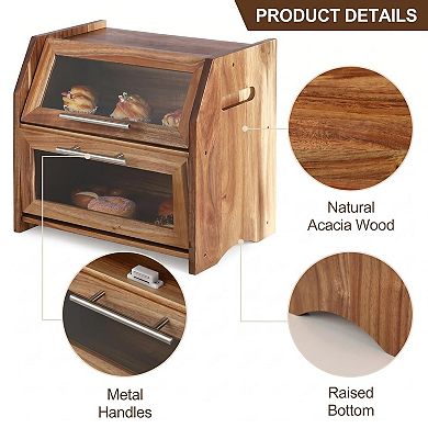 2-Tier Wood Bread Box with Acrylic Doors, Bread Storage Bin for Kitchen Countertop Organizer
