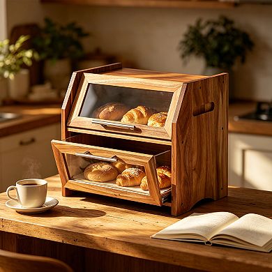 2-Tier Wood Bread Box with Acrylic Doors, Bread Storage Bin for Kitchen Countertop Organizer