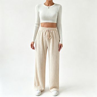 blueming Ribbed High Waisted Wide Leg Pants Drawstring Workout Lounge Trousers