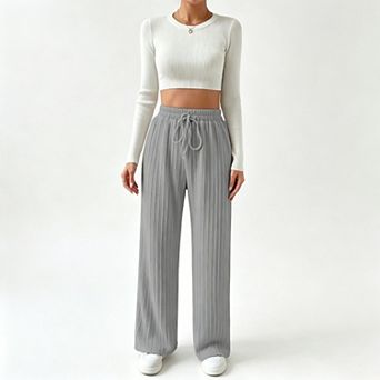 blueming Ribbed High Waisted Wide Leg Pants Drawstring Workout Lounge Trousers