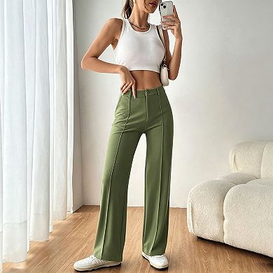 blueming High Waist Straight Leg Pants Front Seam Work Office Trousers