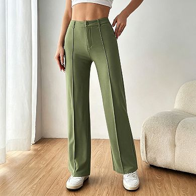 blueming High Waist Straight Leg Pants Front Seam Work Office Trousers