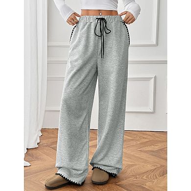 blueming Wide Leg Sweatpants Contrast Stitching Drawstring Athletic Trousers