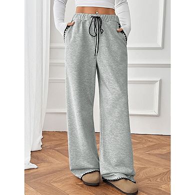 blueming Wide Leg Sweatpants Contrast Stitching Drawstring Athletic Trousers