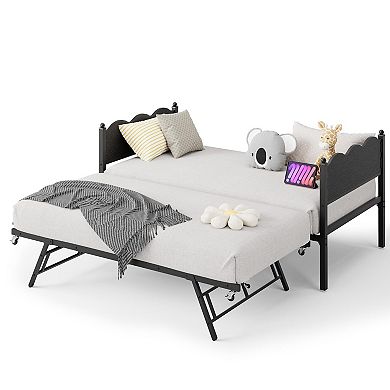 Twin Daybed with Trundle, Day Bed w/Headboard, Steel Slats Support & Lockable Casters