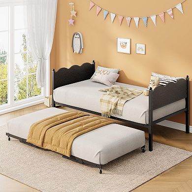 Twin Daybed with Trundle, Day Bed w/Headboard, Steel Slats Support & Lockable Casters
