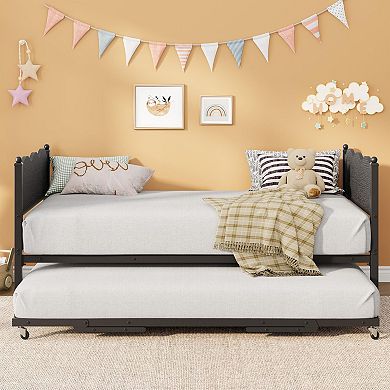 Twin Daybed with Trundle, Day Bed w/Headboard, Steel Slats Support & Lockable Casters