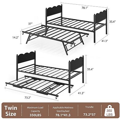 Twin Daybed with Trundle, Day Bed w/Headboard, Steel Slats Support & Lockable Casters