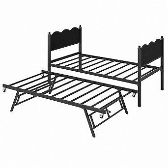 Twin Daybed with Trundle, Day Bed w/Headboard, Steel Slats Support & Lockable Casters