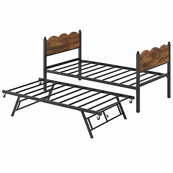 Twin Daybed with Trundle, Day Bed w/Headboard, Steel Slats Support & Lockable Casters