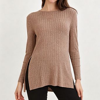 Maternity Rib Knit Long Sleeve Top, Crew Neck Side Slit Stretchy Soft Pregnancy Layering Tunic Shirt