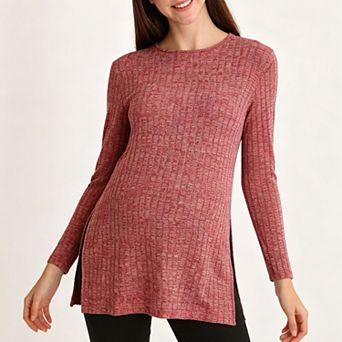 Maternity Rib Knit Long Sleeve Top, Crew Neck Side Slit Stretchy Soft Pregnancy Layering Tunic Shirt