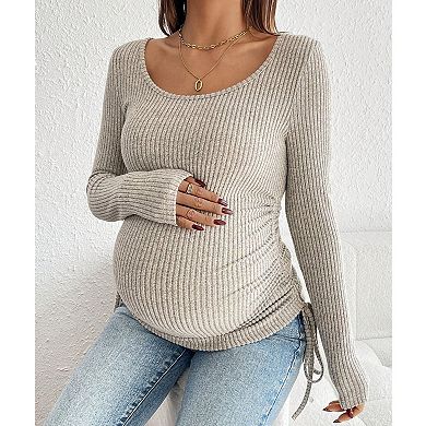 Maternity Rib Knit Long Sleeve Top, Scoop Neck Drawstring Ruched Stretch Pregnancy Layering Shirt