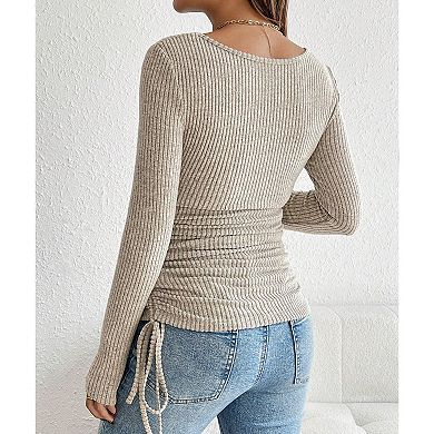Maternity Rib Knit Long Sleeve Top, Scoop Neck Drawstring Ruched Stretch Pregnancy Layering Shirt