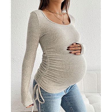 Maternity Rib Knit Long Sleeve Top, Scoop Neck Drawstring Ruched Stretch Pregnancy Layering Shirt