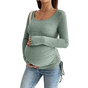 Maternity Rib Knit Long Sleeve Top, Scoop Neck Drawstring Ruched Stretch Pregnancy Layering Shirt