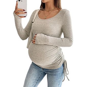 Maternity Rib Knit Long Sleeve Top, Scoop Neck Drawstring Ruched Stretch Pregnancy Layering Shirt