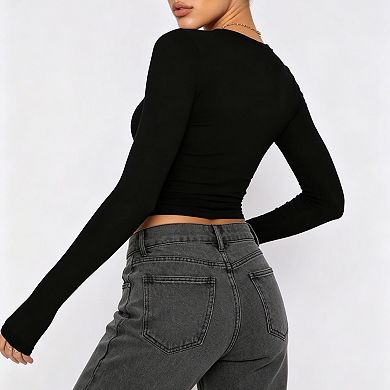Women's Crew Neck Long Sleeve Crop Layering Top, Soft Stretchy Fitted Basic Base Layer Shirt