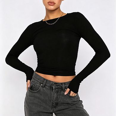 Women's Crew Neck Long Sleeve Crop Layering Top, Soft Stretchy Fitted Basic Base Layer Shirt