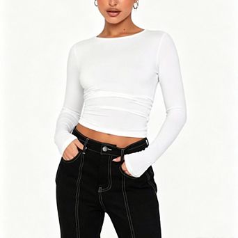 Women's Crew Neck Long Sleeve Crop Layering Top, Soft Stretchy Fitted Basic Base Layer Shirt