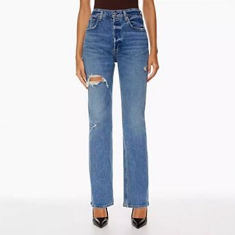 Women's High Waist Distressed Jeans, Straight Leg Stretch Denim Pants With Ripped Knee Details