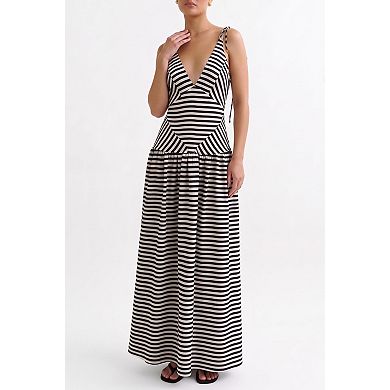 Women's V-Neck Striped Maxi Dress Tie-Strap Sleeveless Long Dress